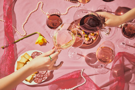 Female hands clinking glasses filled with rose wine on pink textured background, tablecloth with appetizersの写真素材
