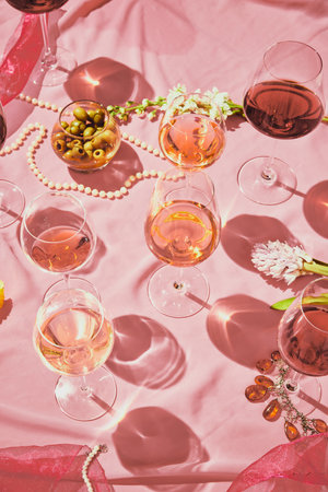 Glasses with red and pink delicious wine standing on tablet with appetizers, olives on pink textured background, tableclothの写真素材