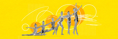 Contemporary art collage with little girls, gymnasts wearing dresses and posing over yellow...
