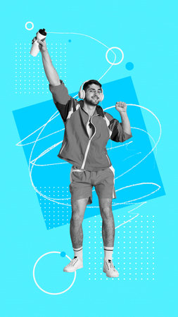 Contemporary art collage with sporty man, guy wearing sport clothes and listening music during...