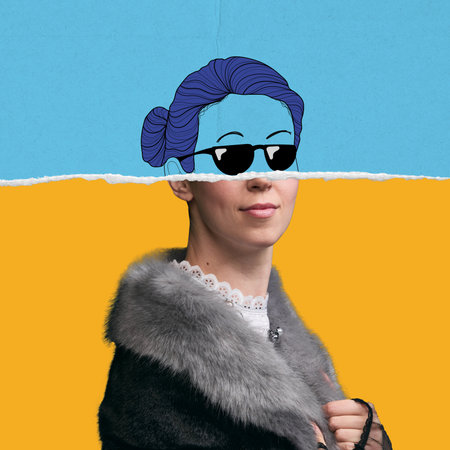 Contemporary art collage with doodles. Young woman with fur coat and modern drawings of face over blue yellow backgroundの写真素材
