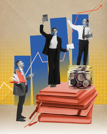 Accountants. Business people, employees working on financial analytics and making money profits. Contemporary art collage.の写真素材