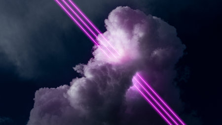 Neon colored purple lines crossing cloud, smoke at night over dark background. Creative abstract design for wallpaper, background, bannerの写真素材