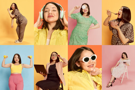 Collage. Set of portraits of young asian girl posing in different clothes and life situations against multicolored backgroundの写真素材