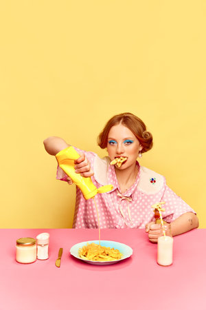 Yummy. Beautiful young girl with bright makeup and hairdo eating fries with many mustard against yellow studio backgroundの写真素材