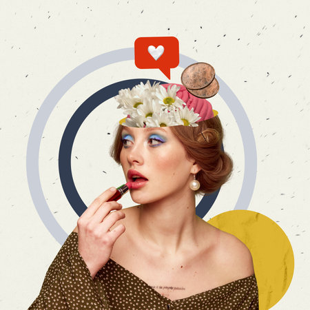 Beautiful, stylish, young girl applying lipstick, getting ready for birthday celebration or romantic date. Social media likes, flowers. Contemporary art collage.の写真素材