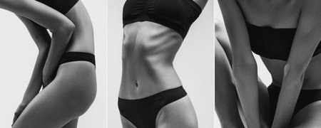 Collage. Black and white images of cropped female slim body in underwear.. Femininity, body...