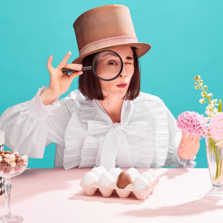 Woman in cylinder hat looking in magnifying glass over blue background. Easter holiday preparation, eggs on table. Spring moodの写真素材