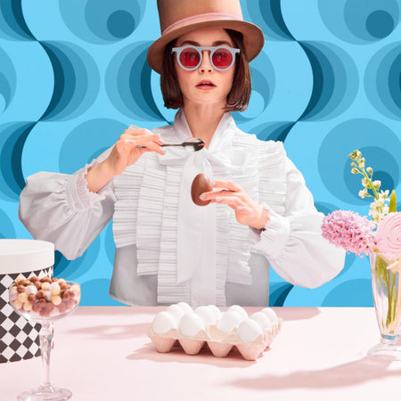 Chocolates lover. Stylish woman in cylinder har and sunglasss eating chocolate eater egg. Blue pattern backgroundの写真素材