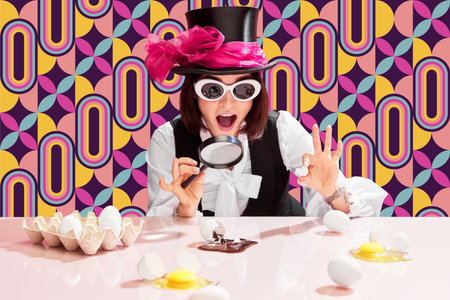 Creating masterpiece. Emotional, excited woman in cylinder and sunglasses looking in magnifying glass on eggs with chocolate spilling out. Pattern multicolored backgroundの写真素材
