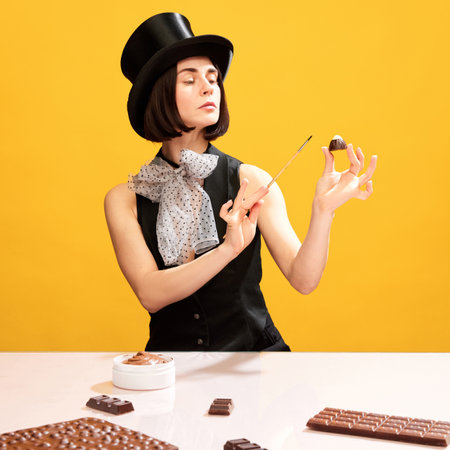 Woman, in image of food painter, in cylinder hat making chocolate sweets, painting candies against yellow backgroundの写真素材