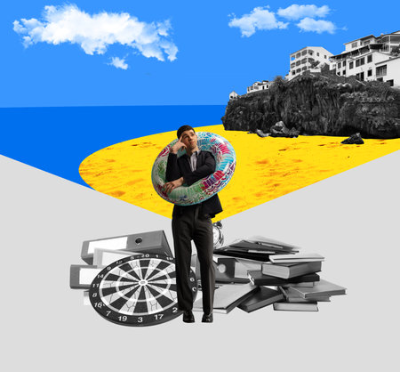 Businessman standing in swimming circle and formal wear, dreaming about going on summer holidays. Contemporary art collage.の写真素材
