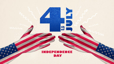 Male hands in american flag colors reaching each other to shake and celebrate independence day of america. Contemporary art collage.の写真素材