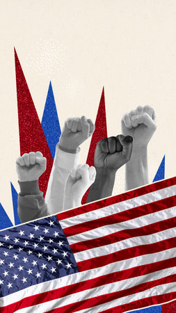 Human fistis raising up over american flag and celebrating independence day. Proud citizens....