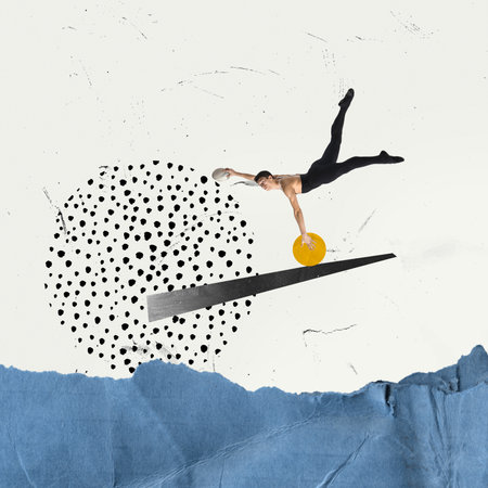 Muscular, athletic, young man playing water polo. Abstract design elements. Contemporary art collage.の写真素材