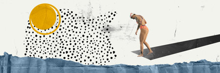 Athletic young woman, professional swimmer in swimsuit and cap, standing on trampoline, ready to...