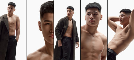 Collage. Set of images of young asian guy with clear, spotless face posing shirtless against white studio backgroundの写真素材