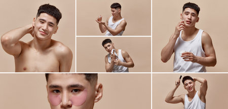 Collage. Set of portrait of handsome, positive young asian man in singlet, taking care after skin with cosmetics against light brown studio backgroundの写真素材