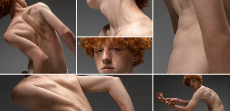 Body aesthetics. Collage of different body parts of young redhead guy with freckles posing over grey studio backgroundの写真素材