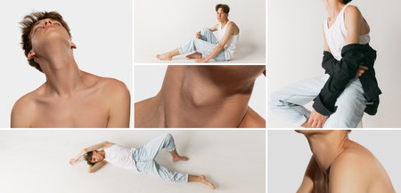 Collage of different body parts of young guy posing over grey studio background. Casual fashion and self-careの写真素材