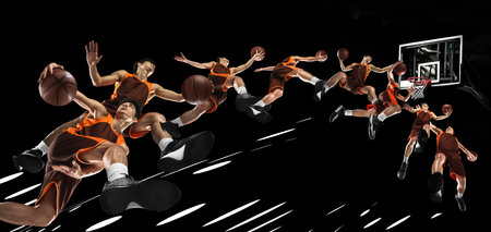 Creative collage. Stages of movements. Professional basketball male player in motion over black...