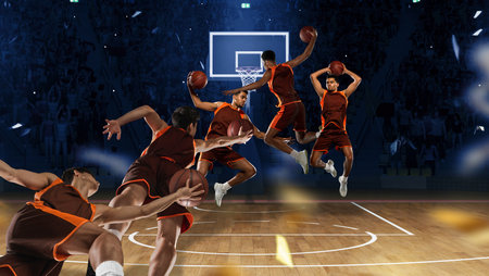 Creative collage. During competition. Professional male basketball player in motion during game, throwing ball into basketの写真素材