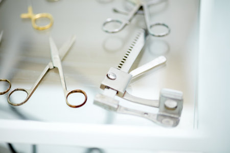 Surgical instrumets lying on table at vet clinic. Detailed shot of steralized surgery tools