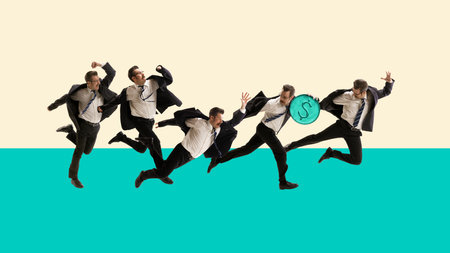 Self-ambitions. Man, employee running forward to financial growth. Personal competition. Contemporary art collage.の写真素材