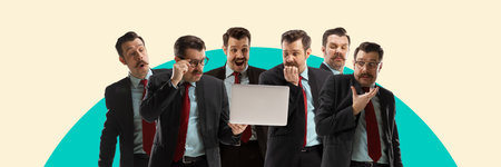 Diversity of emotions. Businessman looking on laptop, checking project and showing different...