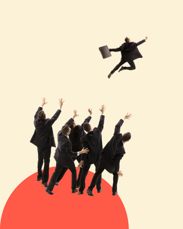 Breaking out to success. Businessman overcoming difficulties and challenges, moving to achievements. Contemporary art collage.の写真素材