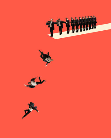 Man, m eployees standing on trampoline and jumping into unknown space. New start, taking risks. Believe in yourself. Contemporary art collage.の写真素材