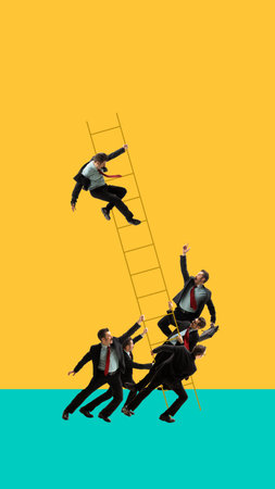 Unstable, challenging, difficult ladder to success. Businessman, motivated employee climbing upwards stair to get promotion. Contemporary art collage.の写真素材