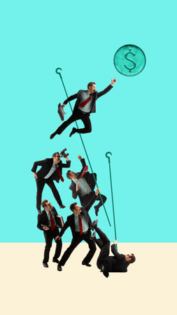 From failure to success. Man, employee running forward to financial growth. Personal competition....