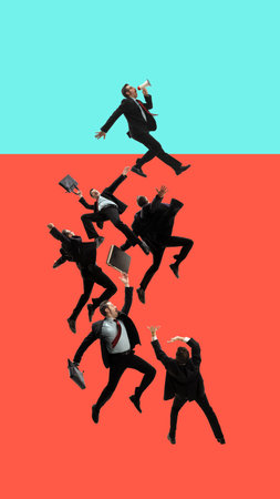 Businessman, employee, office worker in formal wear on flow of business projects. Self-improvement. Contemporary art collage.の写真素材