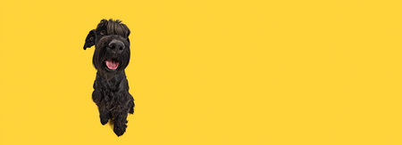 Studio image of funny, serious, smart, black Riesenschnauzer dog sitting and looking at camera against yellow backgroundの写真素材