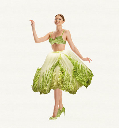 Smiling, beautiful, young girl with slim body wearing cabbage clothes over white background. Contemporary art collage.の写真素材