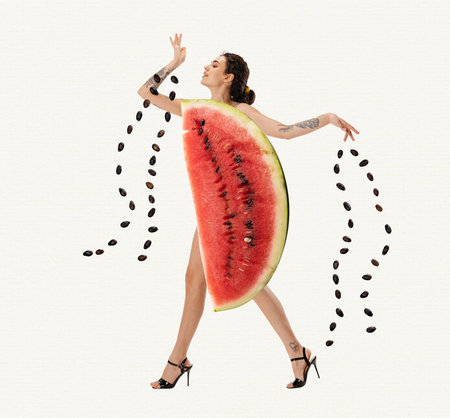 Beautiful young girl with slim body, wearing watermelon clothes over white background. Summer fruits. Contemporary art collage.の写真素材