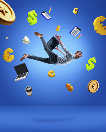 Contemporary art collage with businessman, office worker levitating and screaming among money, devices on blue background. Deadlines pressureの写真素材