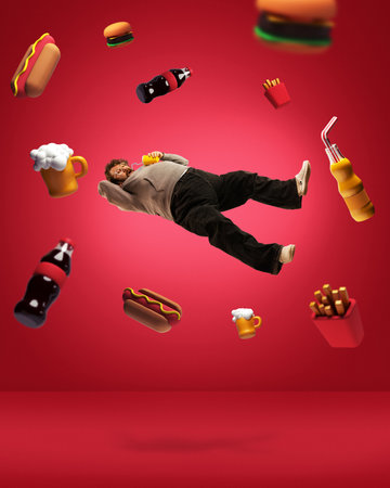 Contemporary art collage with adult overweight man dreaming about junk food, beer, cola, french potato, sandwich, hot dog over red background. Food addictionの写真素材