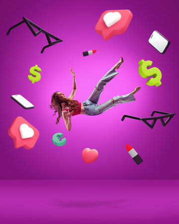 Contemporary art collage with young beautiful girl in stylish clothes with heels levitating among...
