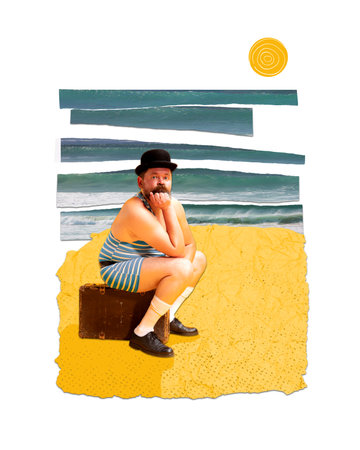 Man in retro striped swimsuit sitting on retro suitcase on beach near sea. Summer holidays. Contemporary art collage.の写真素材