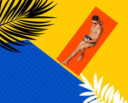One handsome muscular man wearing swimsuit and sunglasses lying on sunbed and taking selfie over...