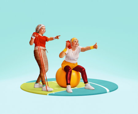 Positive, active, sportive middle-aged women in colorful sportswear training, doing exercises with fitness equipmentの写真素材