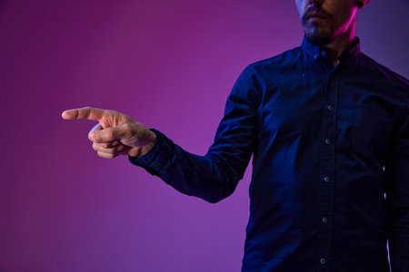 Businessman touching virtual computer screen, working with innovative digital system. Cyberspace, innovations data scienceの写真素材