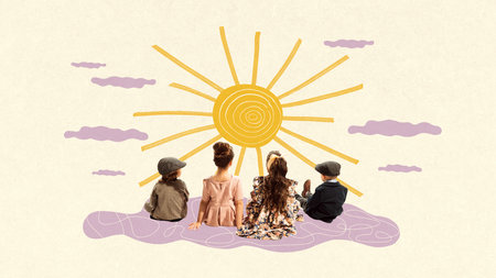 Children, boys and girls sitting on cloud and looking at sun. Warm summer day. Contemporary art...