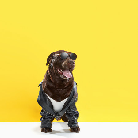 Image of stylish, beautiful, purebred chocolate color labrador wearing human clothes, leather jacket and sunglasses against yellow studio backgroundの写真素材