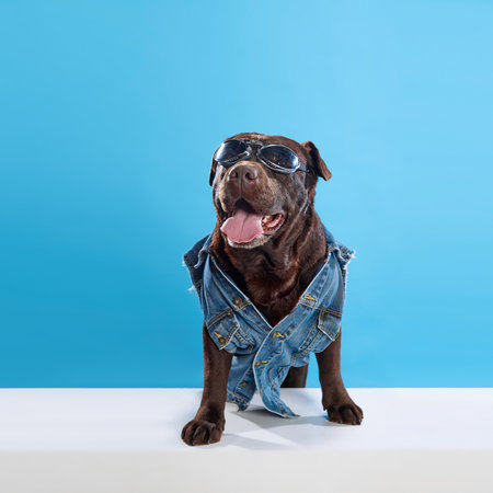 Funny, stylish, purebred brown labrador wearing jeans shirt and glasses against blue studio background. Biker, driverの写真素材