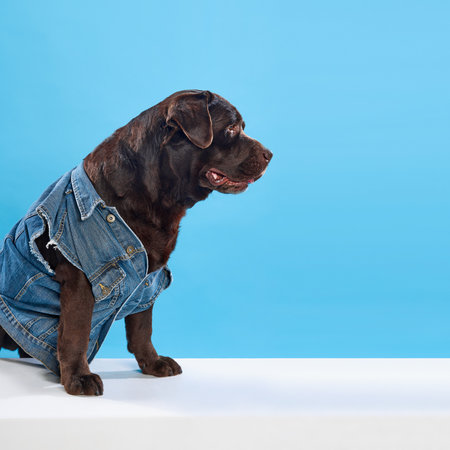 Stylish, chocolate colored, beautiful, purebred labrador wearing jeans shirt, sitting against blue studio backgroundの写真素材