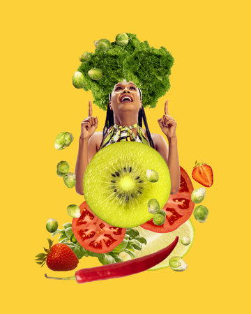 Happy, smiling, healthy woman following healthy lifestyle and diet over bright yellow background with fruits and vegetables. Contemporary art collageの写真素材