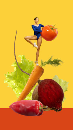 Young sportive, fit, healthy girl standing over bright yellow background with vegetables. Carrots, lettuce, tomato, beet. Contemporary art collageの写真素材